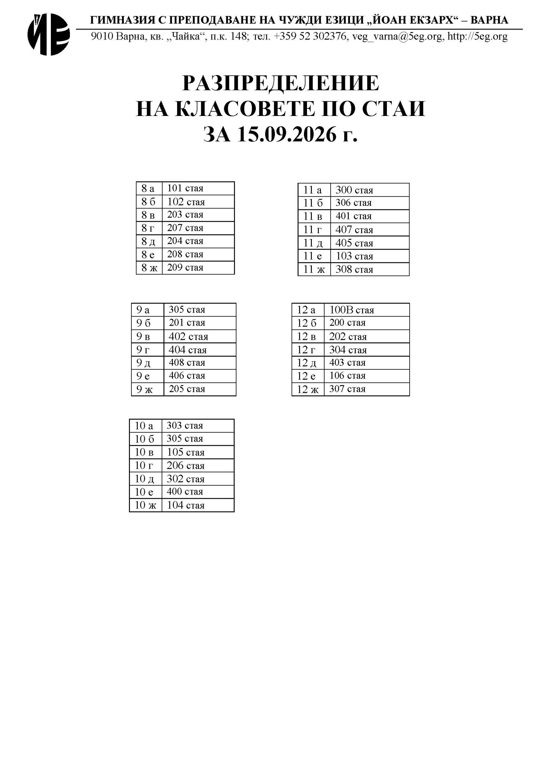 РАЗПРЕДЕЛЕНИЕ  НА КЛАСОВЕТЕ ПО СТАИ ЗА 15.09.2026 г.
